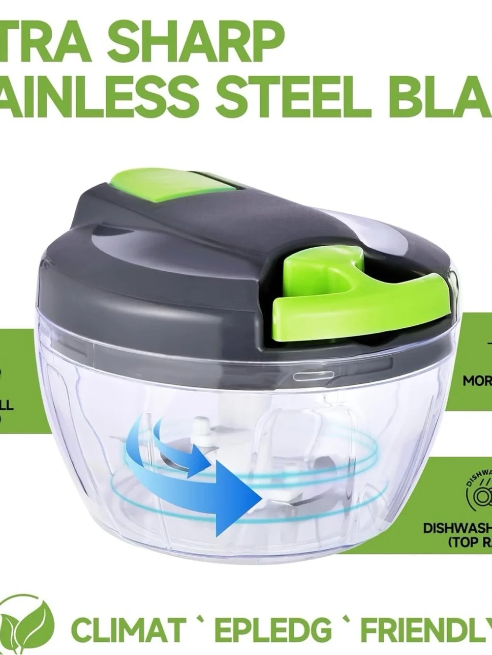 Manual Food Chopper with Green and Gray Lid - Compact Vegetable Cutter